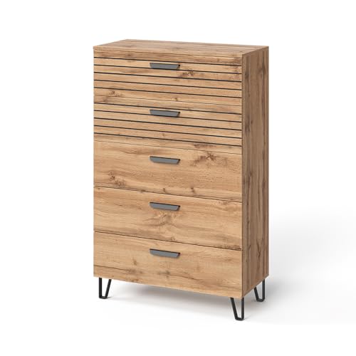 Vicco Commode avec tiroirs Amber, Chêne Wotan, 80x127.6cm avec 5 tiroirs, avec Compartiment de Rangement pour Espace de Stockage supplémentaire