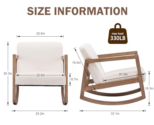 SENYUN Nursery Rocking Chair, Teddy Fabric Upholstered Glider Chair for Nursery, Rocking Accent Chairs with High Backrest, Comfy Rocker Wooden Armchair for Living Room, Bedroom - Thumbnail 2