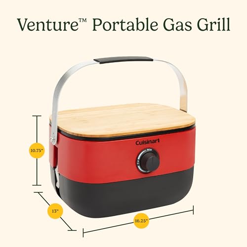 Image of Cuisinart Venture Portable Gas Grill, Small Camping Grill with Cutting Board and Handle, Non Stick Porcelain Enameled Cast Iron Grate, 9,000 BTU Stainless Steel Burner for Camping, Tailgates, Beaches