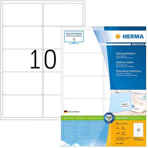 HERMA Self Adhesive Address Mailing Labels, 10 Labels Per A4 Sheet, 1000 Labels for Laser and Inkjet Printers, 99.1 x 57 mm (4268), White