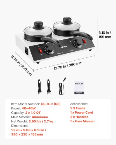 Image of VEVOR Chocolate Melting Pot - 2 x 1 QT Pots, 86℉ - 185℉ Choc Warm Machine | 80W Even Cheese Melter, 2 Knobs Temp Control, 2 Ceramic Coated Pots, Electric Warmer for Mulled Milk Candy, Commercial & Home