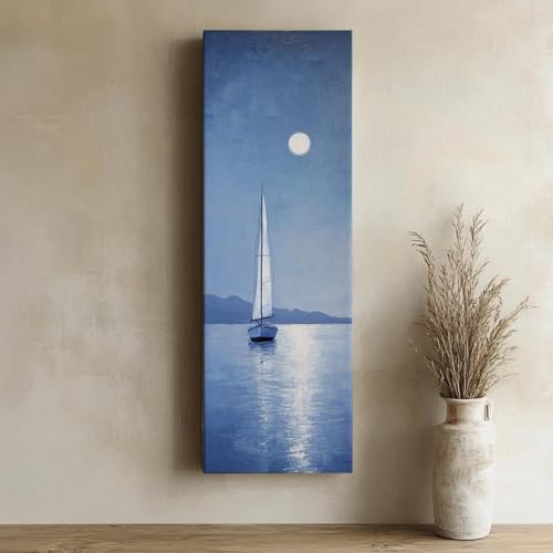 Tableau marine bleu pervenche déco bohème chic grand format vertical salon 50x150cm