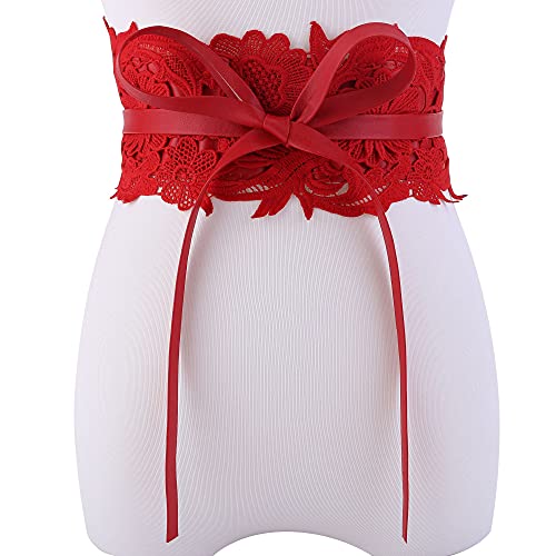 Ayliss Women\'s Lace Waist Belt Obi Bowknot Cinch Wide Belt Bow Tie Wrap Boho Corset Dress Waist Band Pu Leather (Red) - Thumbnail 3
