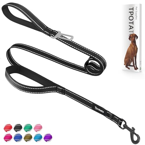 6 Foot Black Dog Leashes for Large Medium and Small Breed Dogs That Pull,Reflective Nylon Heavy Duty Dog Leash with 2 Comfortable Padded Traffic Handles and Car Seat Belt for Walking and Training