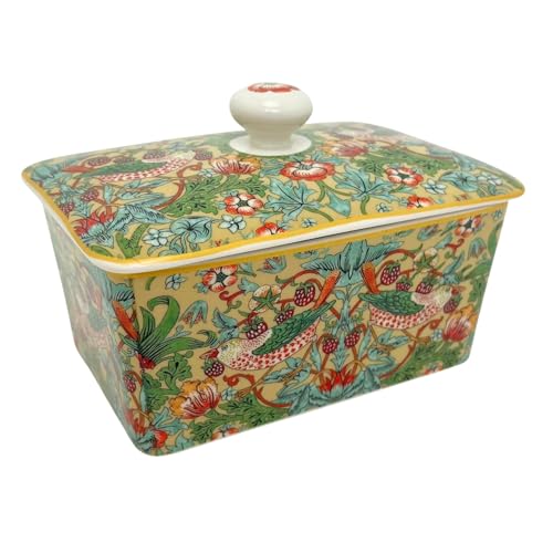 Image of William Morris Strawberry Thief Butter Dish, 12x15x10cm Fine China Butter Dish with Lid