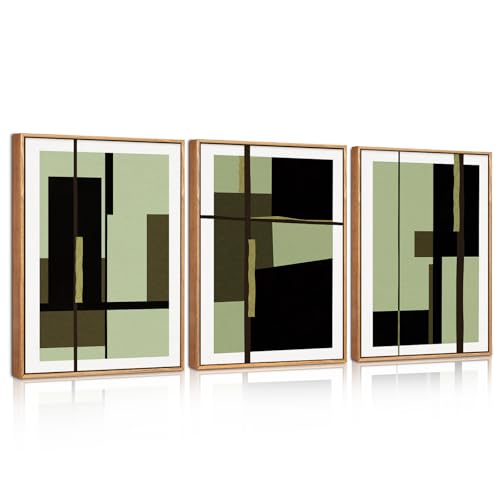 Image of TOARTi Abstract Shapes Framed Canvas Wall Art Set,Mid-Century Black Polygon Wall Decor,Green Black Irregular Painting,Neutral Modern Art Print for Living Room,Dining Room,Office 12x16inchx3pcs