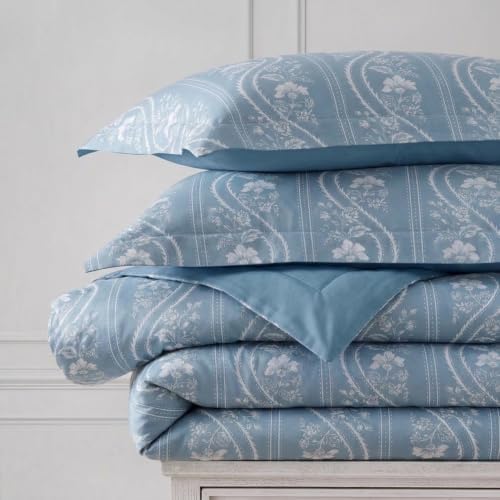 Image of Martha Stewart - King Comforter Set, Smooth Sateen Front with Subtle Sheen & Lightweight Cotton Percale Reverse, 3 Piece Bed Set with Matching Pillowcases (Sophia Stripe Blue)