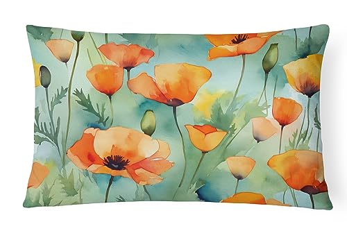 Caroline's Treasures DAC1629PW1216 California California Poppies in Watercolor Fabric Decorative Pillow 100% Machine Washable Pillow, Indoor or Outdoor Decorative Throw Pillow for Couch, Bed or Patio
