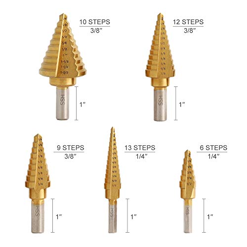 Comoware Step Drill Bit Set & Automatic Center Punch- Unibit, Titanium Coated, Double Cutting Blades, High Speed Steel, Short Length Drill Bits Set Of 5 Pcs, Total 50 Sizes With Aluminum Case #TOP1