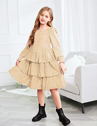Arshiner Girls Long-Sleeve Tiered Dresses Square Neck Lantern Smocked Ruffle Layered Tie Back Dress3