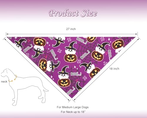 Halloween Dog Bandanas,Pumpkin and Cute Ghost Pet Scarf,Seasonal Outfit for Boy and Girl Dogs,Reversible Holiday Dog Costume for Medium to Large Dogs(2PCS,Purple,Black&White) - Image 3