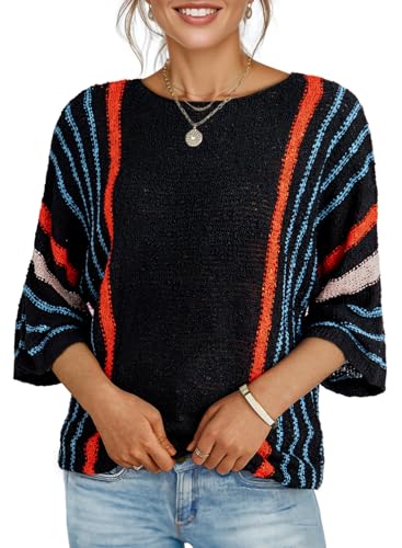 Image of Dokotoo Womens 2026 Spring Summer Casual Crewneck 3 /4 Sleeve Striped Lightweight Knit Trendy Boho Tops Pullover Sweaters