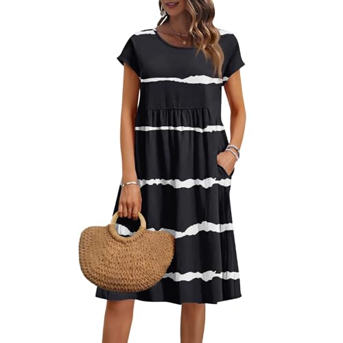 Ladies Summer Dresses 2026 Women's Short Sleeve Summer Dress Ladies Casual Midi Round Neck Loose Dress Elegant Vacation Beach Sun Dresses with Pockets 02-Black XXL