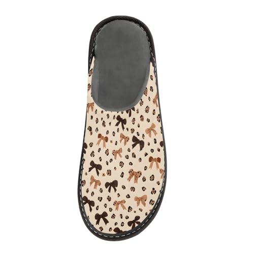 Slippers for Women Brown Leopard Print Bow Pattern Soft Winter Warm Shoes Indoor Outdoor Non-Slip House Travel Slippers3