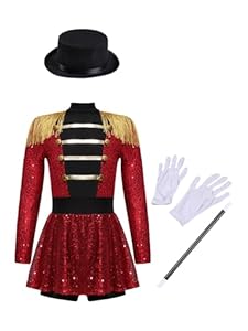 Raenseen 4Pcs Mädchen Zirkus Kostüm Dompteurin Ringmaster Kostüm Glitzer Tanzkleid Pailletten Ballettkleid Tanzbody Halloween Karneval Fasching A Rot 122-128