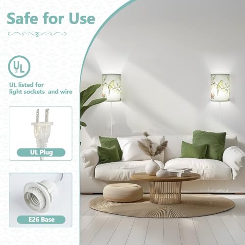 Image of Wall Sconces Set of Two Plug in, Fabric Wall Lamp with On /Off Switch, Plug in Sconce with Floral and Bird Print, Rustic Bedside Sconces Decor for Bedroom, Living Room, Blue(Bulb not Include)