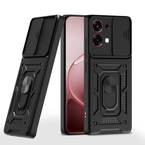 Image of Pikkme Back Cover for Oppo F31 5G / Oppo F33 5G | 360 Protection Case | Sliding Camera Shield Cover & Ring Holder Stand D10 Tough Armor Bumper Case (Black)