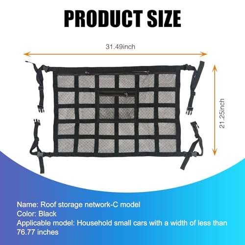 Sinytuto Pack-1 Car Cargo Net Pocket, 31.5In x 21.3In Double-Layer Strengthen Durable Vehicle Roof Storage Mesh, Universal Soft Automotive Camping Interior Accessories for Truck SUV Car (Black) - Thumbnail 2