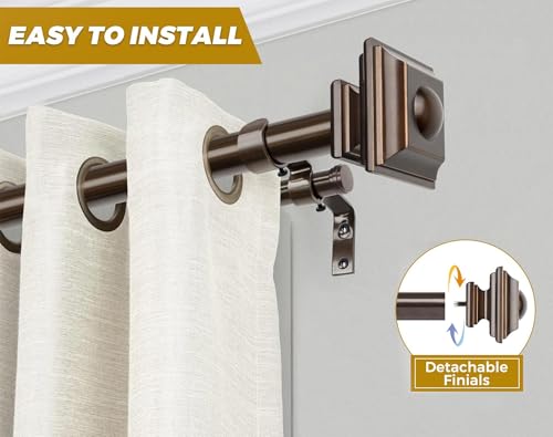 KAMANINA 1 Inch Bronze Curtain Rods 66 to 120 (5.5-10 Feet), Telescoping Splicing Double Curtain Rod for Windows 54 to 115 Inches, Long Curtain Rod with Square Finials - Thumbnail 3