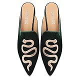 SINSIYONG Embroidered Mules for Women Pointed Toe Backless Velvet Flats with Snake Pattern (Blackish Green, Size 9.5)
