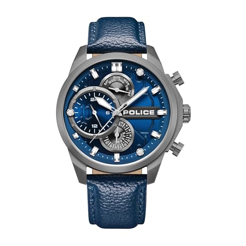 Police Reactor 44mm Men’s Blue Dial Leather Strap Watch