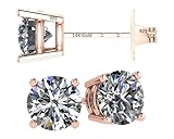 NANA 14k Gold Post & Sterling Silver 4 Prong CZ Stud Earrings -Rose Plated-6.5mm-2.00cttw