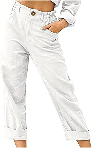 Xdegoge Linen Pants for Women Straight Leg Capri Trousers Plus Size High Waist Button Casual Loose Cropped Pants with Pockets
