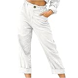 Xdegoge Linen Pants for Women Straight Leg Capri Trousers Plus Size High Waist Button Casual Loose C