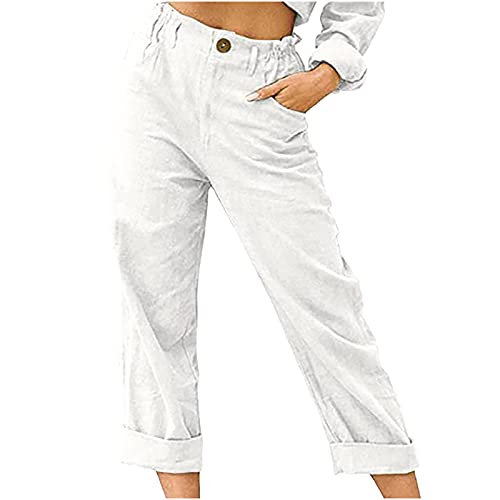 Xdegoge Linen Pants For Women Straight Leg Capri Trousers Plus Size High Waist Button Casual Loose Cropped Pants With Pockets #TOP1