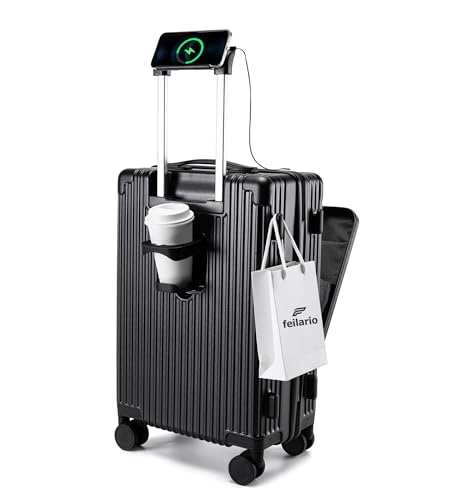 feilario 20in Aluminium Frame Hardside Spinner Wheel Luggage with Zipper Closure, Built-In TSA lock Carry on Suitcase, with Cup Holder & USB Port & Phone Holder Black(with zipper closure, 20in)