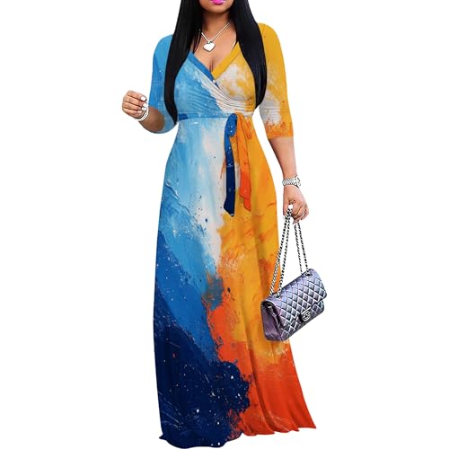 Image of PinkPatty Women's Print Maxi Dresses 3 /4 Sleeve Flowy Long Dress V Neck Wrap Tie Waist Sundress
