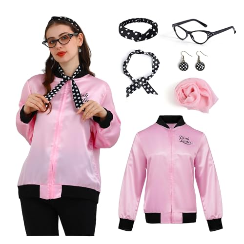 Webeasy 1950s Pink Women's Jacket with Bandana Neck Scarf Earrings Glasses Halloween Adult Cosplay Costume. (M)