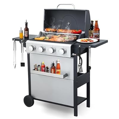 4-Burner Propane Gas Grill with 2 Foldable Side Tables, 34,200 BTU Outdoor BBQ Grill with Porcelain-Enameled Flame Tamers, Built-in Thermometer, Easy Assembly for Patio, Backyard BBQ