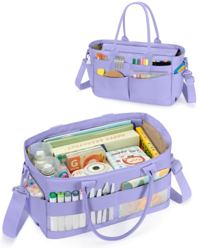 Image of Marscamd Craft Organizer Tote Bag, Art Supply Caddy, Purple | with 11 Exterior Pockets, Zip-Top Closure, Detachable Shoulder Strap, Large Capacity for Art, Crafts & Sewing