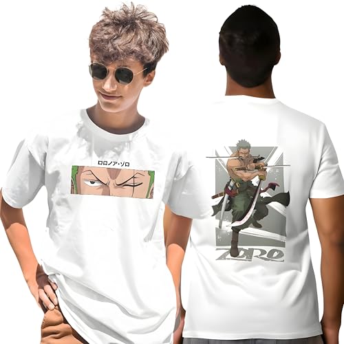 Image of One Piece Zoro Anime T-Shirt, Front and Back Print, White, Comfortable Fit, Unisex
