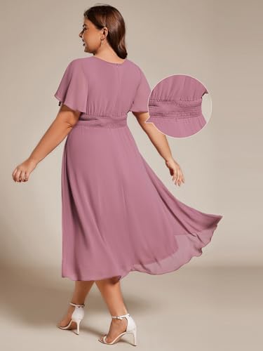 Image of Ever-Pretty Women's Plus Size Formal Wedding Guest Dresses for Curvy Women A Line Chiffon Midi High Low Cocktail Dress