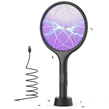 YISSVIC Racchetta Zanzare Elettrica 4000V 1500mAh con USB Ricaricabile e LED 2 in 1, Protezione Maglia a 3 Strati Adatto per Casa Giardino Campeggio Interni ed Esterni Nero