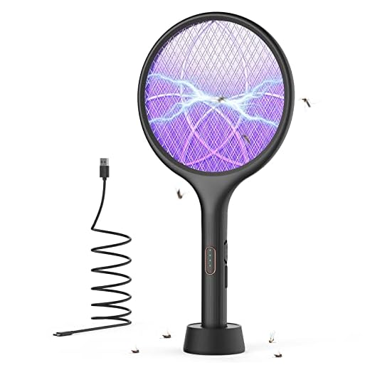 YISSVIC Electric Fly Swatter 4000V Bug Fly Zapper Racket Mosquito Killer 1500 mAh 3 Layers Mesh with USB C Cable Stand Base for Indoor Outdoor