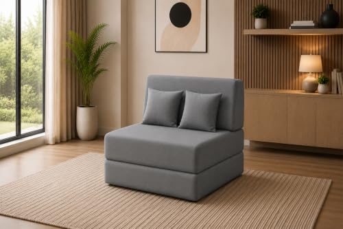 Image of Sofa Cum Bed with Jute Fabric, Convertible One Seater Sofa Bed 3x6 Ft, Comfortable Cushioned Seating, Space Saving Design for Living Room, Bedroom & Guest Room - Grey Color