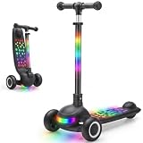 Kids Scooter Ages 3-10, One-click Folding with 4 Height Adjustable Handlebar and Rear Brake,Light Up Wide Deck Scooter for Boys & Girls