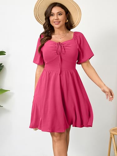 Image of RWJ Women Plus Size Summer Dress Short Sleeve Tie Front Sweetheart Neck Casual Mini Wedding Guest Dresses 2025