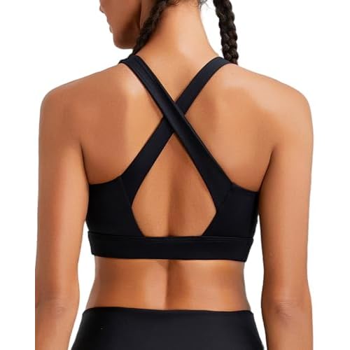 RUNNING GIRL High Impact Sports Bras for Women, High Support Running Strappy Women's Sports Bra with Sewn in Pads Black X-Large