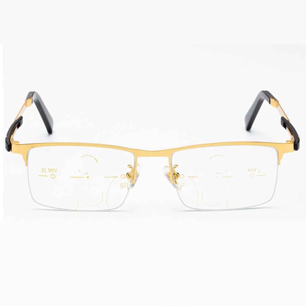 SFIVE Progressive Multifocus Lesebrille Metall Halber Rahmen Presbyopie Brille HD Lesebrille Anti-Blau Für Männer 1.0 1.5 2.0 2.5 (Color : Gold, Size : +3.0)