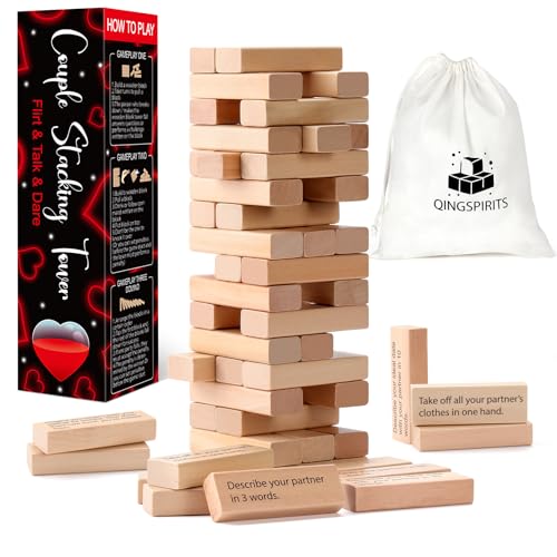 Qingspirits Super Fun Couples Tumble Tower Game for Grown Ups, 54pcs Exciting Date Night Stacking Wooden Blocks Talking Challenge Dare Romantic Anniversary Games for Your Partner, Only Grown Ups 17+