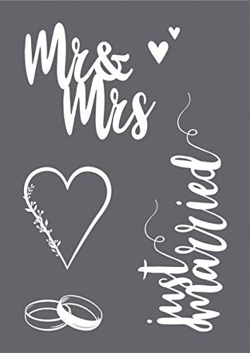 Rayher 45127000 Set of Mask Stencil and Craft Squeegee for Crafts and Painting Reusable Silk Screen Template with Just Married