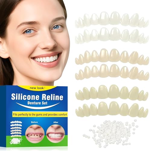 Veneers Teeth for Women, Tooth Replacement Missing Teeth, Upper Veneer Cosmetic, Moldable Thermal Beads Replacement Kit, Unisex to Temporary Tooth Repair Kit, 6PCS-001