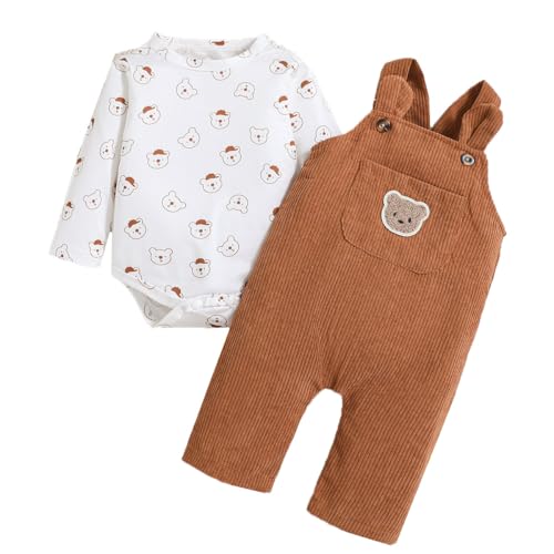 UUAISSO Ropa Para Bebé Recién Nacido Top de Pana con Estampado de oso Manga Larga y Pantalones Tirantes y Mono con Bolsillo Marrón 3 6 meses