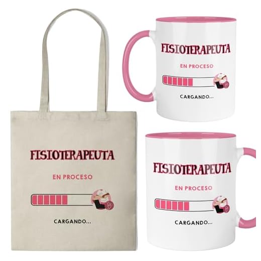 Kembilove® Set Taza y Bolsa Fisioterapeuta Mujer Cargando | Regalo Motivacional para Estudiantes de Fisioterapia | Diseño Barra de Carga con Masaje