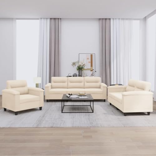 Mandloder Juego de muebles de 3 piezas, color beige, tejido de microfibra, sofá resistente, cómodo de 2 plazas y 3 plazas, acogedor paisaje con cojines, diseño moderno, resistente a las manchas