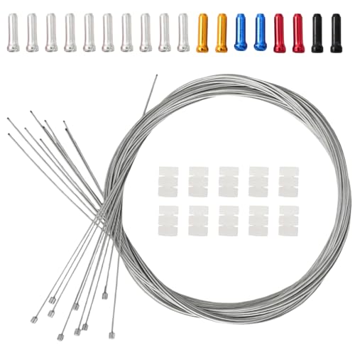 10 Cables de Cambio de Bicicleta 2 m, 1,2 mm en Acero, con 10 Terminales Plateados, 8 Terminales de Colores y 10 Juntas Tóricas de Silicona, Universales para MTB, Bicicleta de Carretera